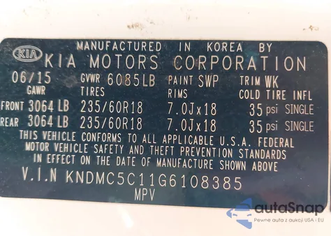 2016 Kia Sedona Ex z USA, uszkodzony, nr VIN KNDMC5C11G6108385